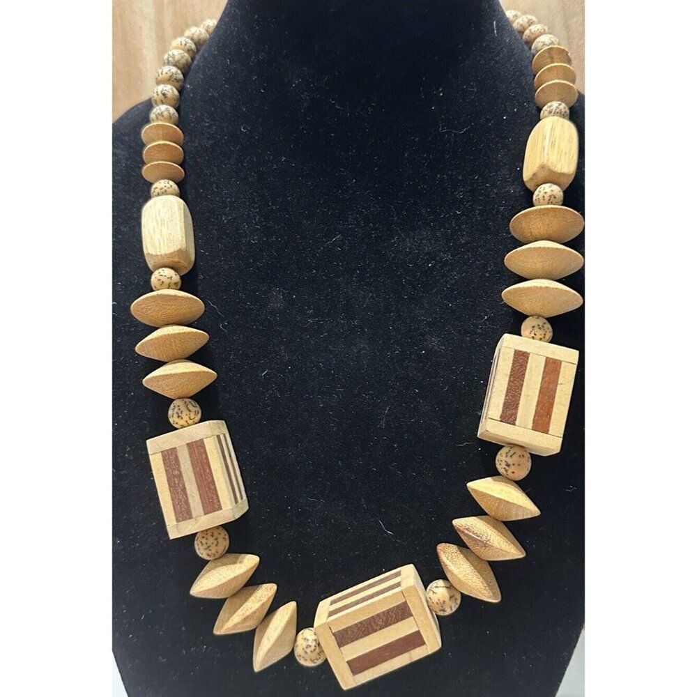 Vintage Chunky Tribal Wooden Beaded  Necklace Inlay Block Boho Bohemian Barrel